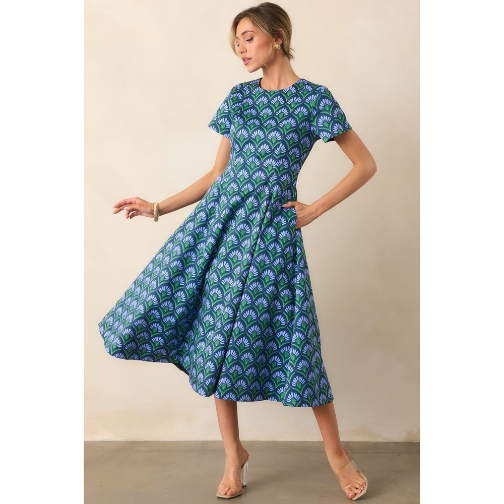 Prosperina Reversible Midi Dress Floral Print Solid Navy Short Sleeve Pockets M